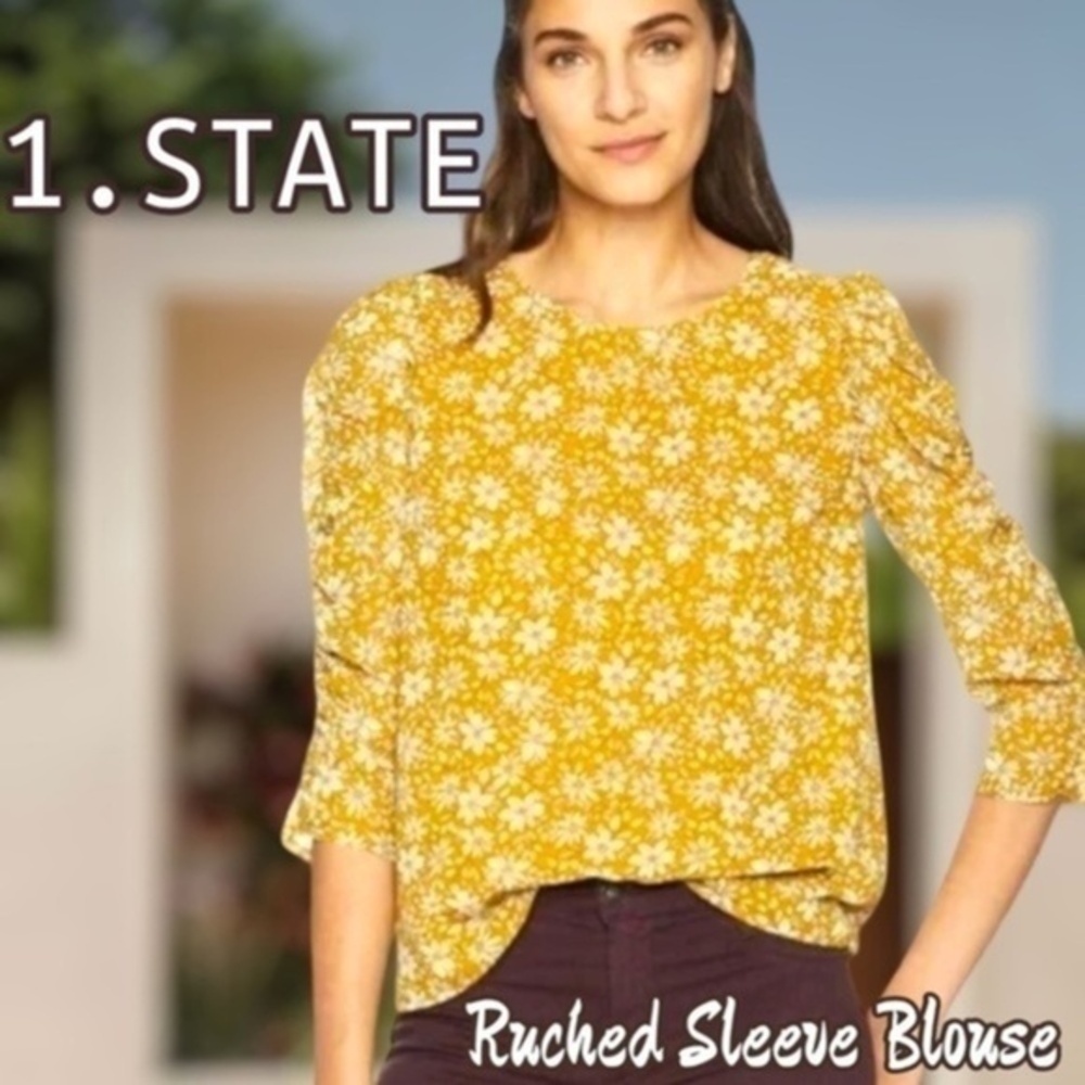 1.STATE Wild Bloom 3/4 Length Ruched Sleeve Crewneck Blouse NWT/LG